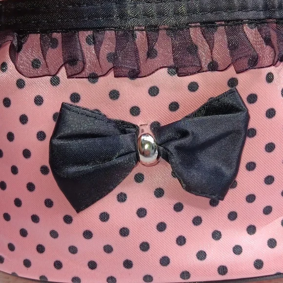 🆕️EXTRA LARGE VINTAGE PINK & BLACK POLKA DOT ZIPPERED COSMETIC BAG WITH POCKETS - Picture 10 of 17